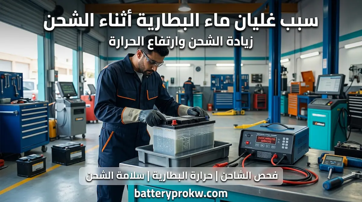 فحص سبب غليان ماء البطارية أثناء الشحن باستخدام جهاز شحن ذكي للكشف عن زيادة الجهد وارتفاع حرارة البطارية