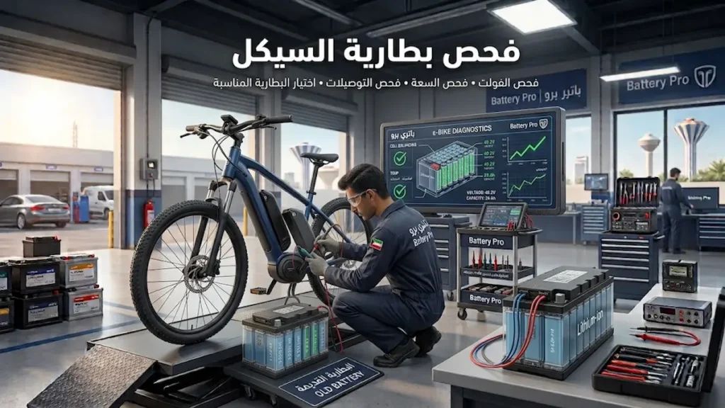 فحص بطارية سيكل كهربائي والفولت والسعة في الكويت