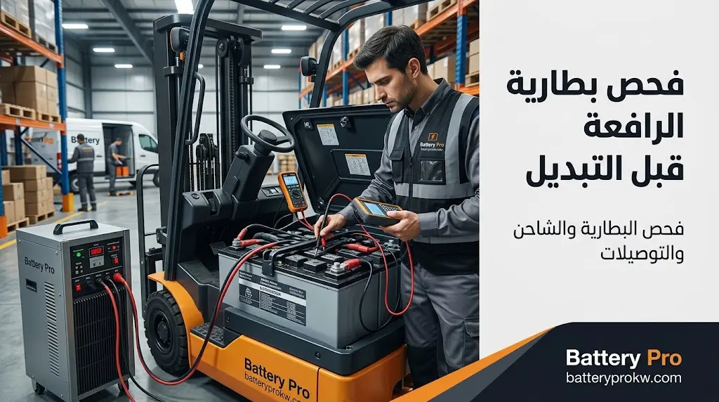 فحص بطارية رافعة شوكية والشاحن قبل التبديل في الكويت