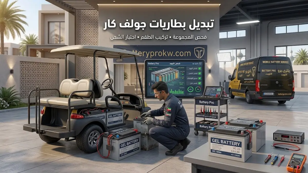 فني يبدل مجموعة بطاريات جولف كار في الكويت داخل موقع العربة