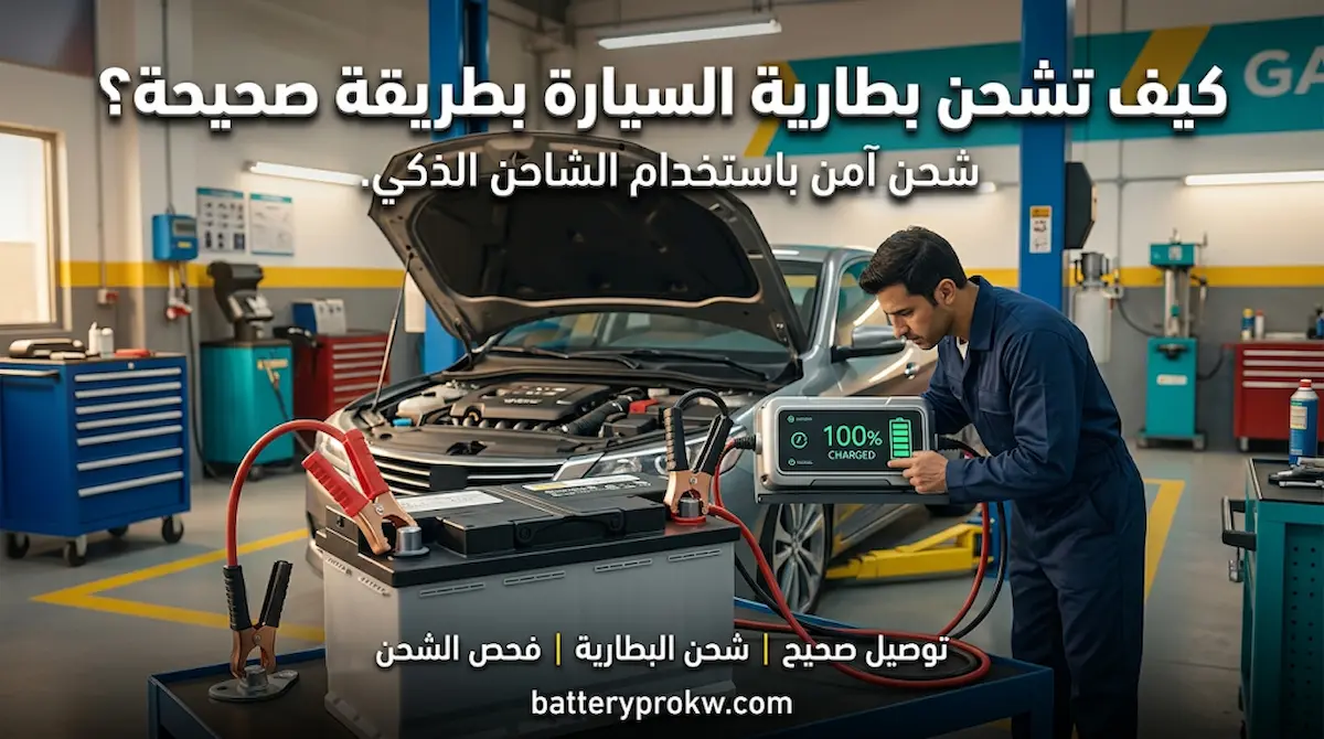 طريقة شحن بطارية السيارة بالشاحن الذكي مع توصيل القطب الموجب ونقطة التأريض بشكل صحيح