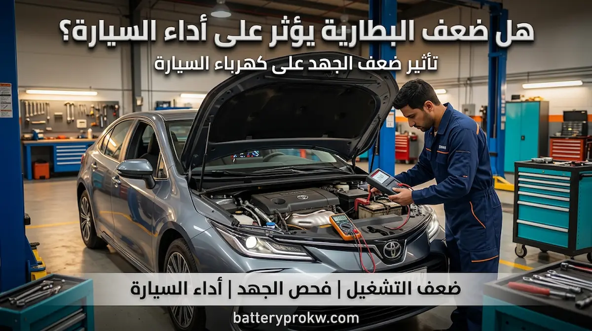 تأثير ضعف بطارية السيارة على الأداء مع فحص الجهد الكهربائي والبطارية بواسطة جهاز قياس متخصص